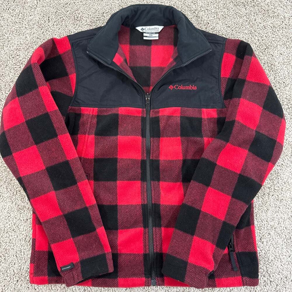 Columbia Bugaboo Interchange Fleece Jacket Mens M Buffalo Plaid Red Black EUC